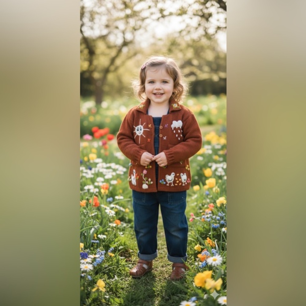 Unique Hand-Embroidered Toasty Knit Cardigan - Toddler Girl 3T -Boutique Quality